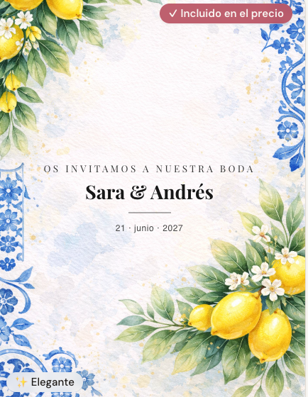 Invitación digital de boda modelo Limoncello estilo mediterráneo con limones