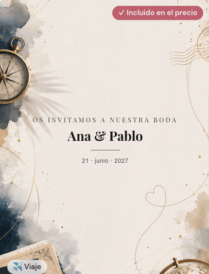 Invitación digital de boda modelo Pasaporte Aventura para parejas viajeras