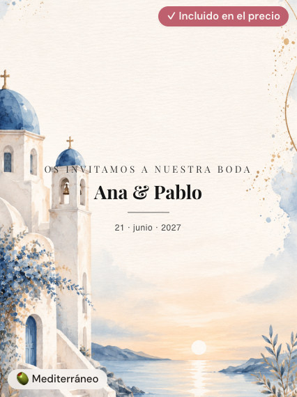 Invitación digital de boda modelo Santorini Egeo estilo mediterráneo